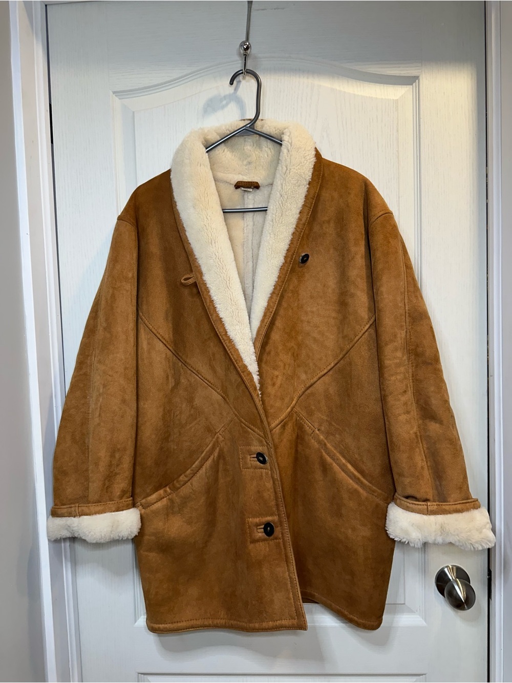 Vtg Cozy Shearling Suede Coat Boho Chevron Made in Canada sz12